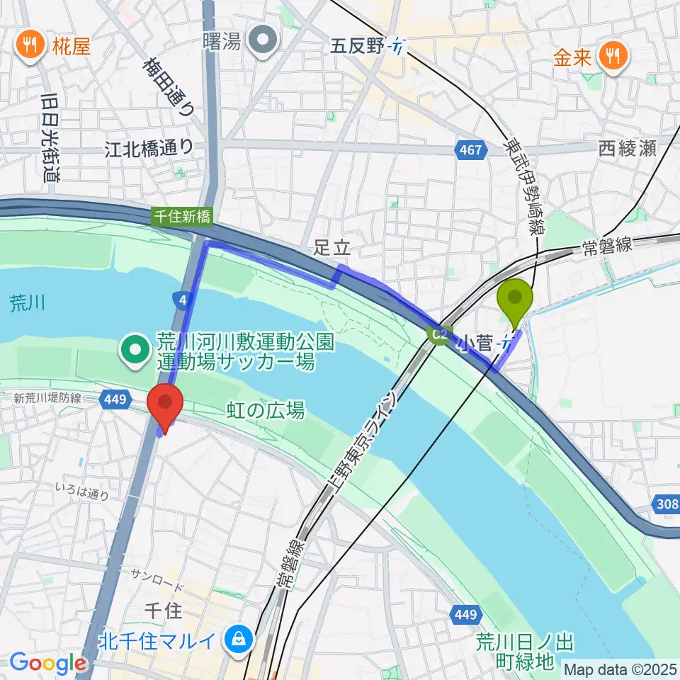 小菅駅から足立区生涯学習センターへのルートマップ地図