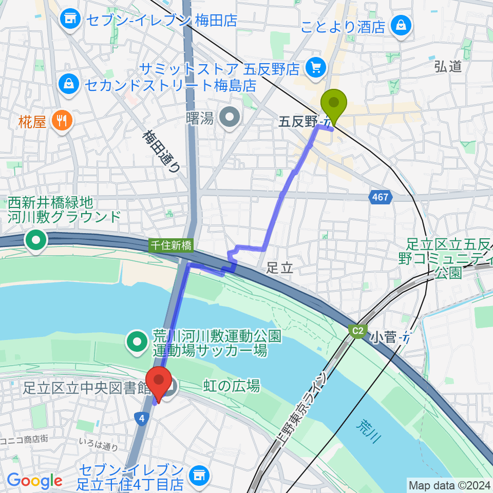 五反野駅から足立区生涯学習センターへのルートマップ地図