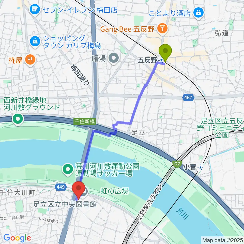 五反野駅から足立区生涯学習センターへのルートマップ地図