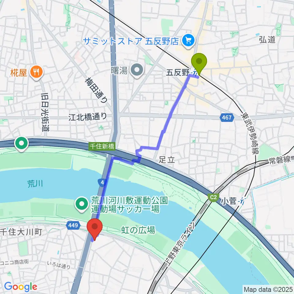 五反野駅から足立区生涯学習センターへのルートマップ地図