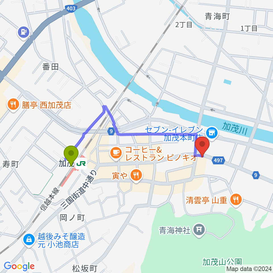 スタジオアッシュの最寄駅加茂駅からの徒歩ルート（約7分）地図