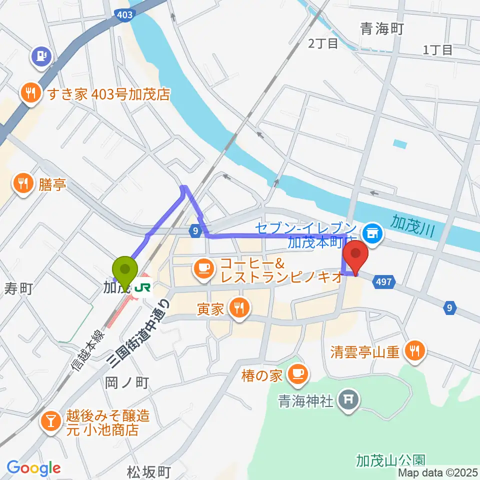 スタジオアッシュの最寄駅加茂駅からの徒歩ルート（約7分）地図
