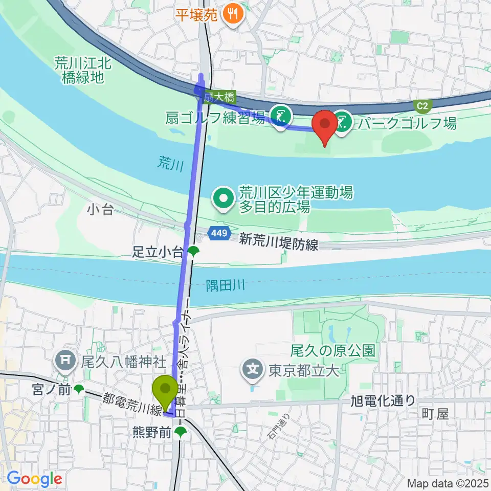 熊野前駅から荒川・扇河川健康公園軟式野球場へのルートマップ地図