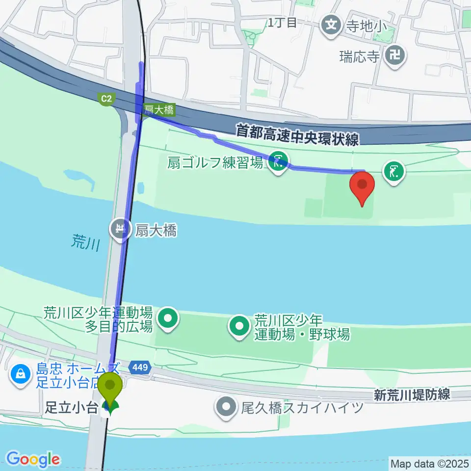 荒川・扇河川健康公園軟式野球場の最寄駅足立小台駅からの徒歩ルート（約11分）地図