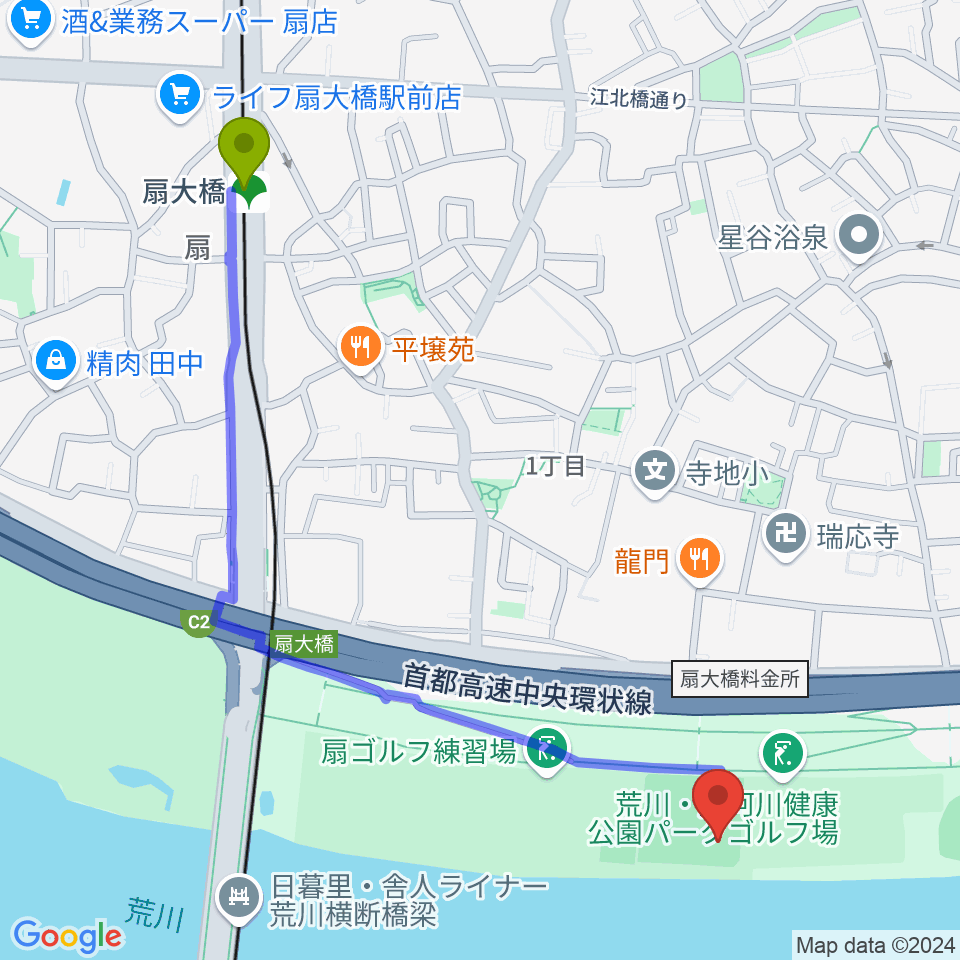 扇大橋駅から荒川・扇河川健康公園軟式野球場へのルートマップ地図