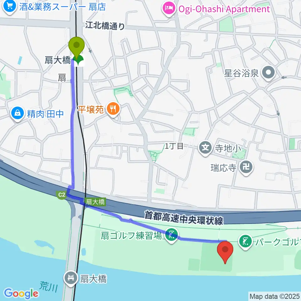 扇大橋駅から荒川・扇河川健康公園軟式野球場へのルートマップ地図