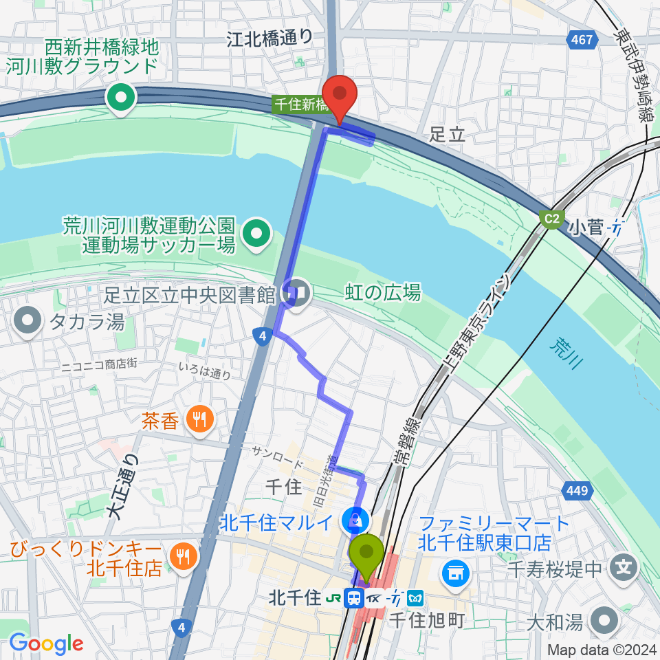 北千住駅から高砂野球場へのルートマップ地図