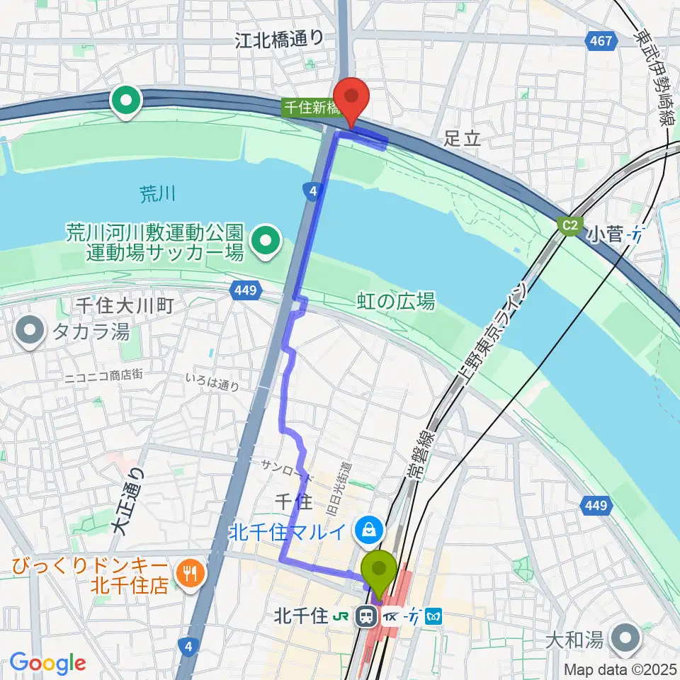 北千住駅から高砂野球場へのルートマップ地図