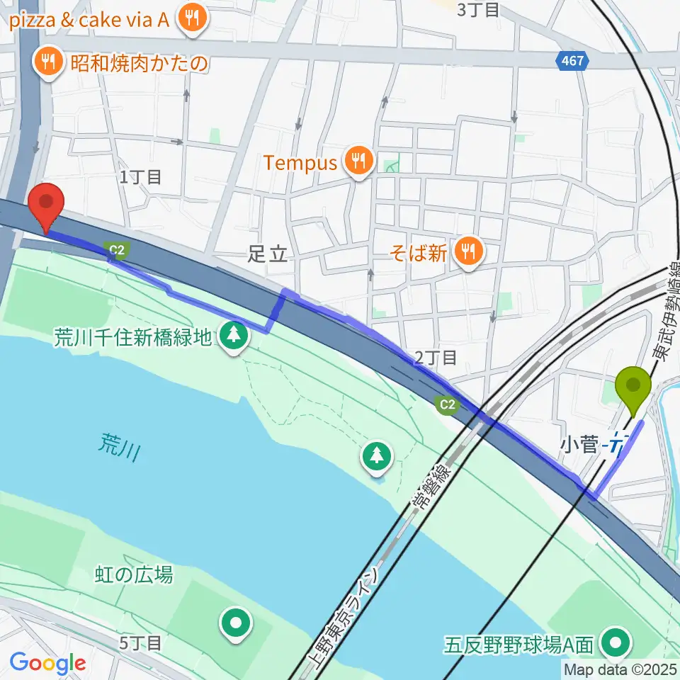 小菅駅から高砂野球場へのルートマップ地図