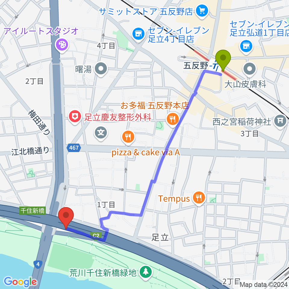 高砂野球場の最寄駅五反野駅からの徒歩ルート（約12分）地図