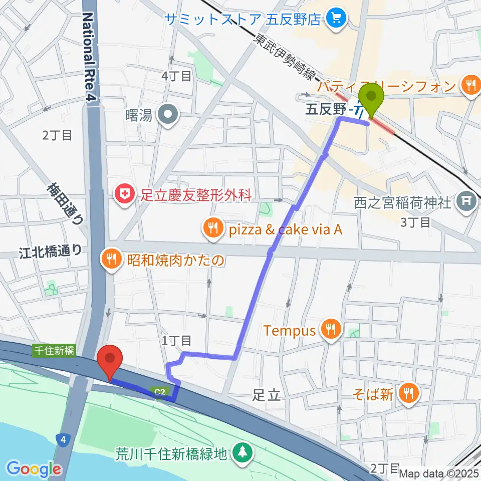 高砂野球場の最寄駅五反野駅からの徒歩ルート（約12分）地図