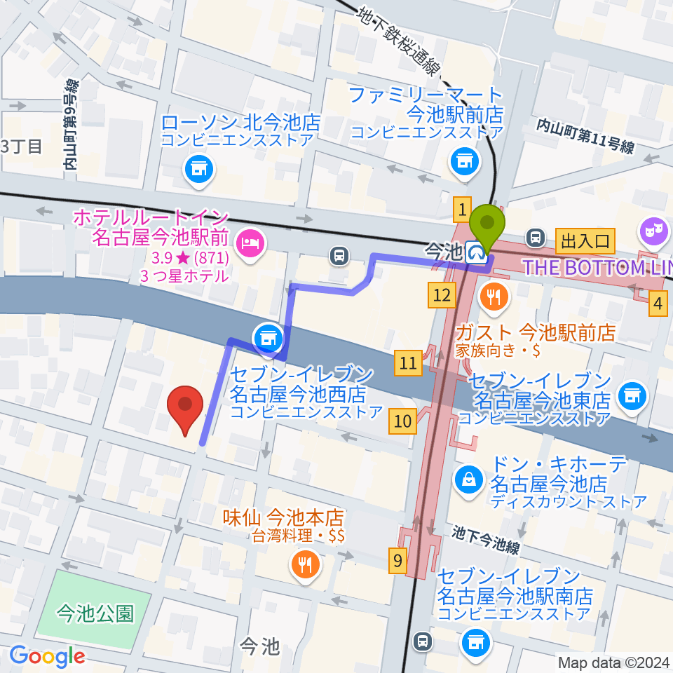 ナゴヤキネマ・ノイの最寄駅今池駅からの徒歩ルート（約4分）地図