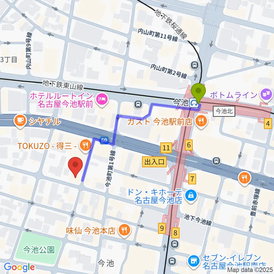 ナゴヤキネマ・ノイの最寄駅今池駅からの徒歩ルート（約4分）地図