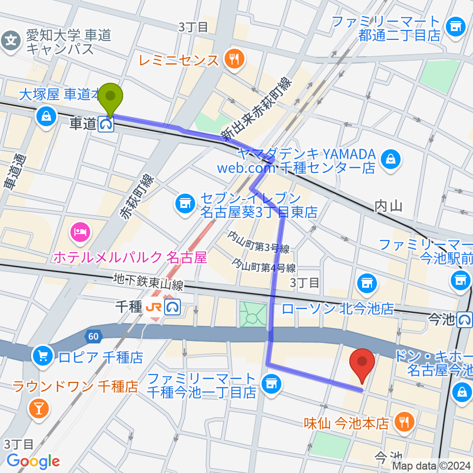 車道駅からナゴヤキネマ・ノイへのルートマップ地図