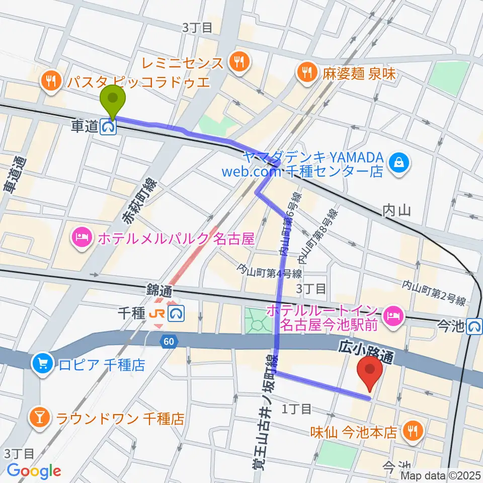 車道駅からナゴヤキネマ・ノイへのルートマップ地図