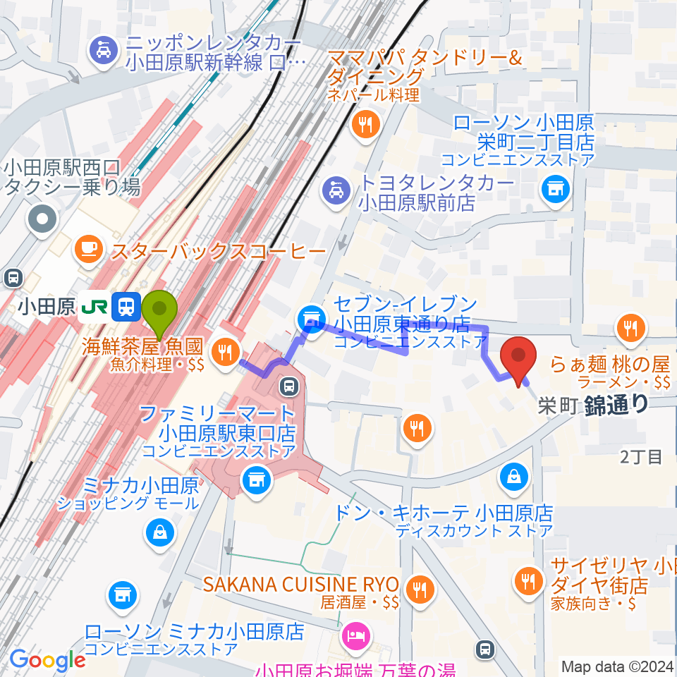 小田原シネマ館の最寄駅小田原駅からの徒歩ルート（約4分）地図