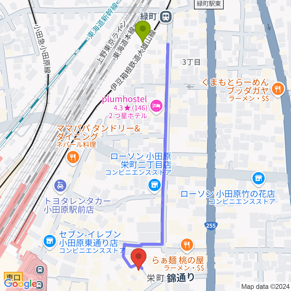 緑町駅から小田原シネマ館へのルートマップ地図