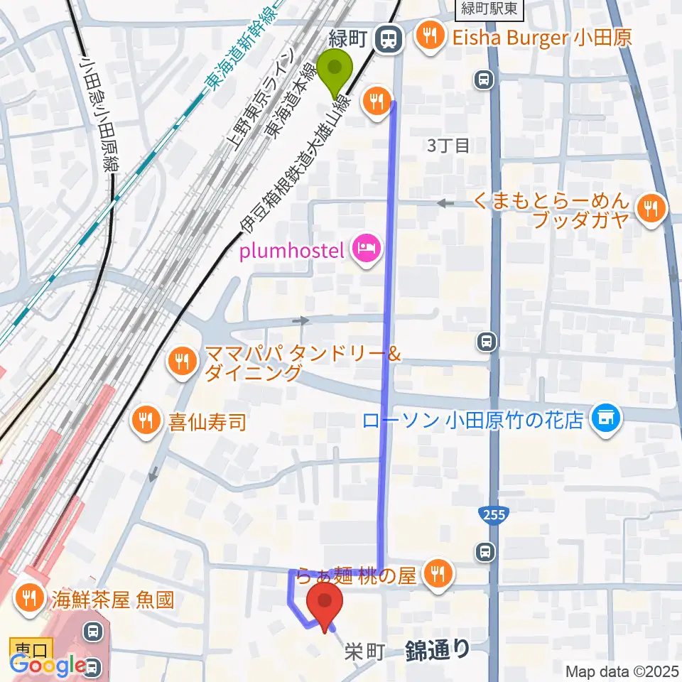 緑町駅から小田原シネマ館へのルートマップ地図