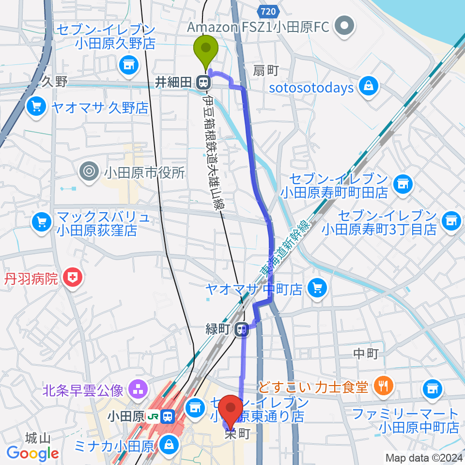 井細田駅から小田原シネマ館へのルートマップ地図