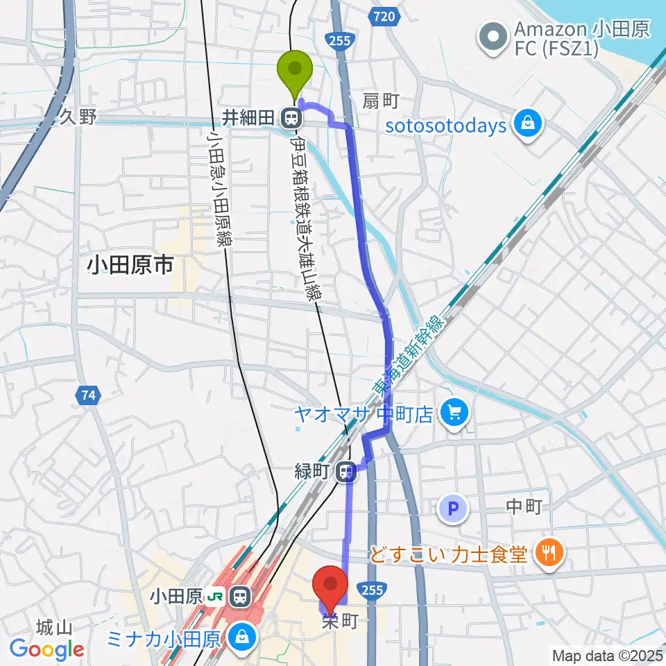 井細田駅から小田原シネマ館へのルートマップ地図