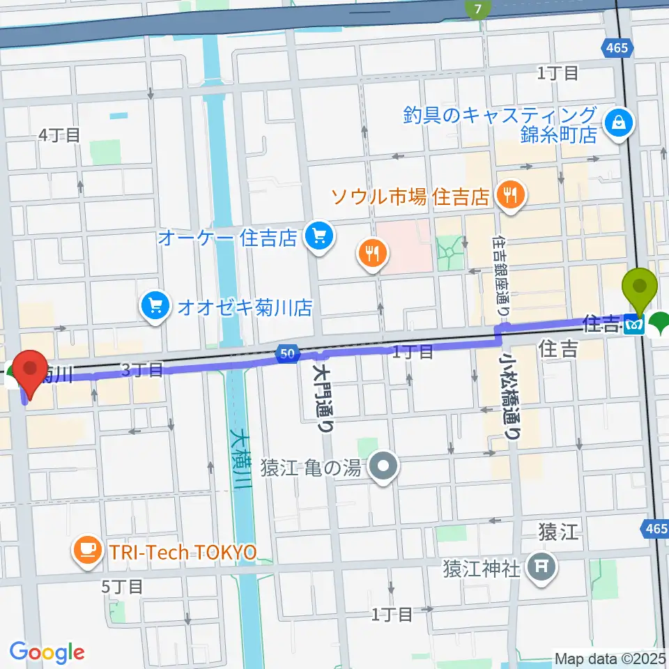 住吉駅から映画館ストレンジャーへのルートマップ地図