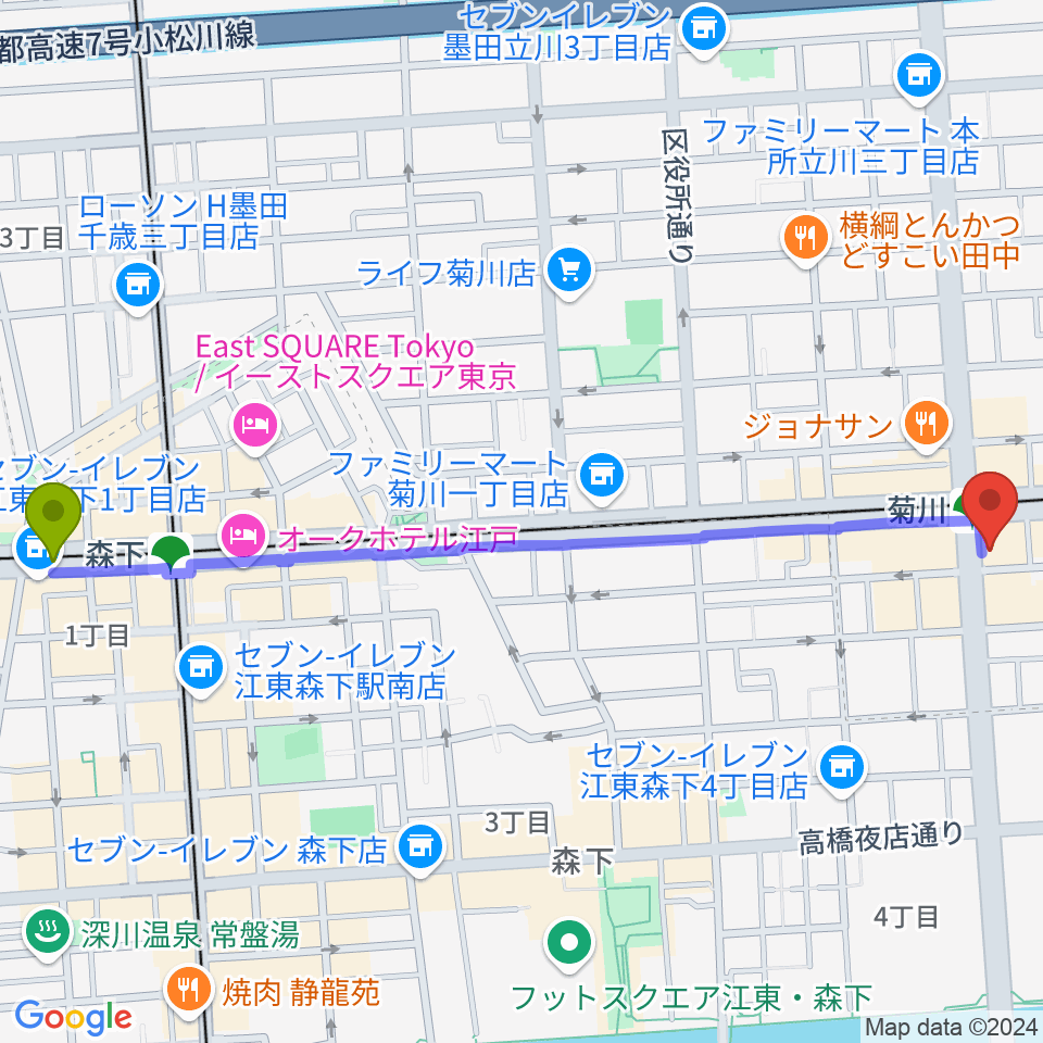 森下駅から映画館ストレンジャーへのルートマップ地図