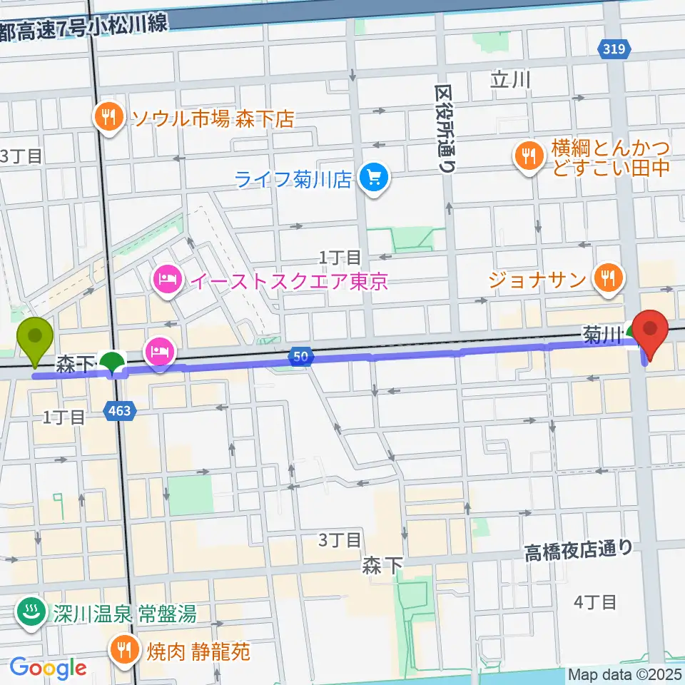森下駅から映画館ストレンジャーへのルートマップ地図