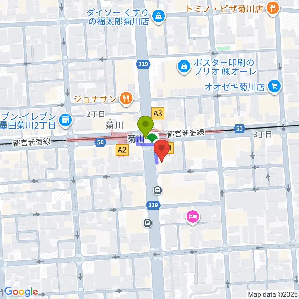 映画館ストレンジャーの最寄駅菊川駅からの徒歩ルート（約1分）地図