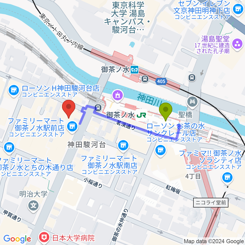 ESP GROOVE LOUNGE TOKYOの最寄駅御茶ノ水駅からの徒歩ルート（約3分）地図