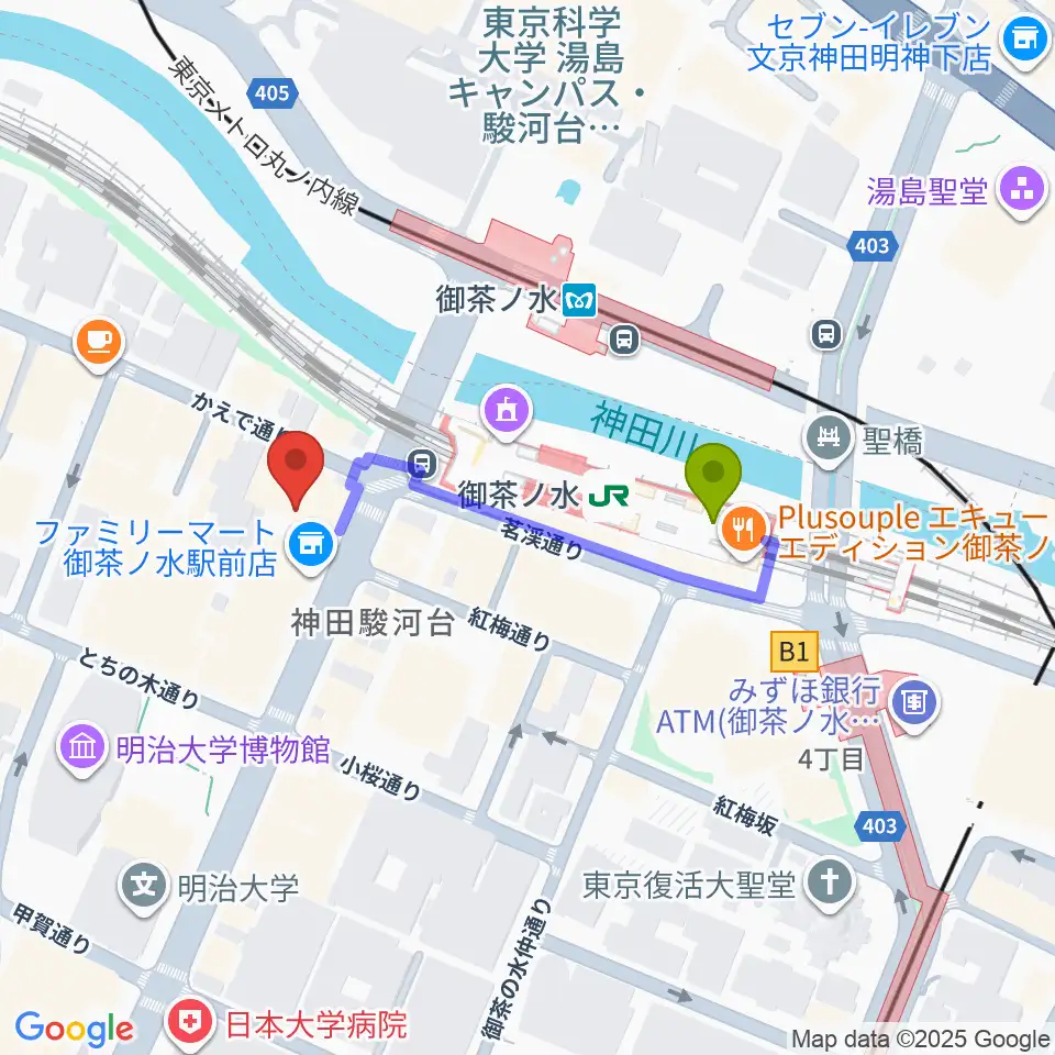ESP GROOVE LOUNGE TOKYOの最寄駅御茶ノ水駅からの徒歩ルート（約3分）地図