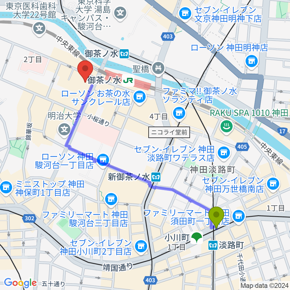 淡路町駅からESP GROOVE LOUNGE TOKYOへのルートマップ地図