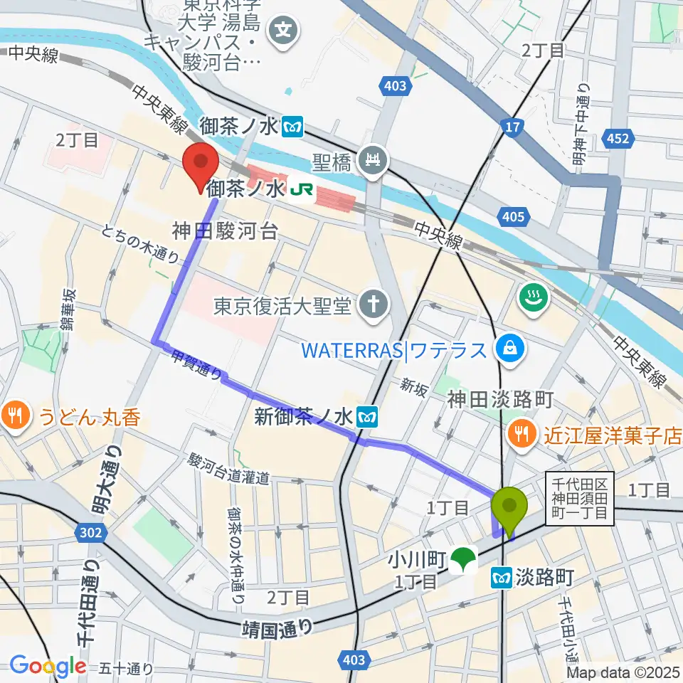 淡路町駅からESP GROOVE LOUNGE TOKYOへのルートマップ地図