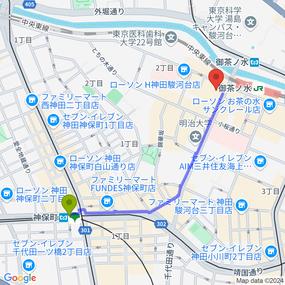 神保町駅からESP GROOVE LOUNGE TOKYOへのルートマップ地図