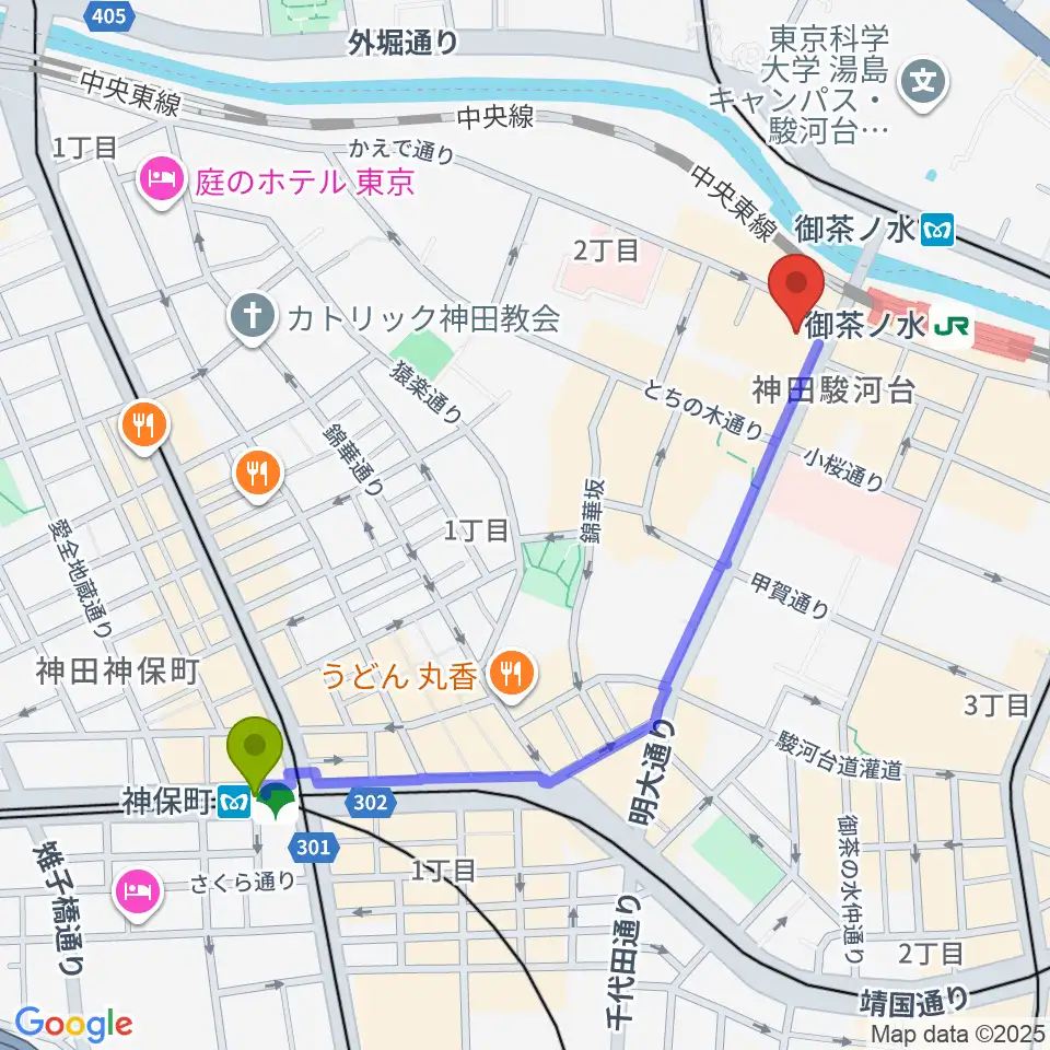神保町駅からESP GROOVE LOUNGE TOKYOへのルートマップ地図