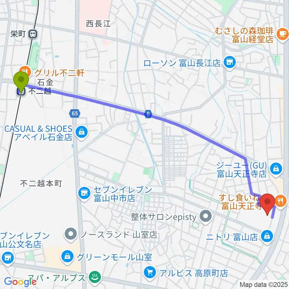 富山市2000年体育館の最寄駅不二越駅からの徒歩ルート（約29分）地図