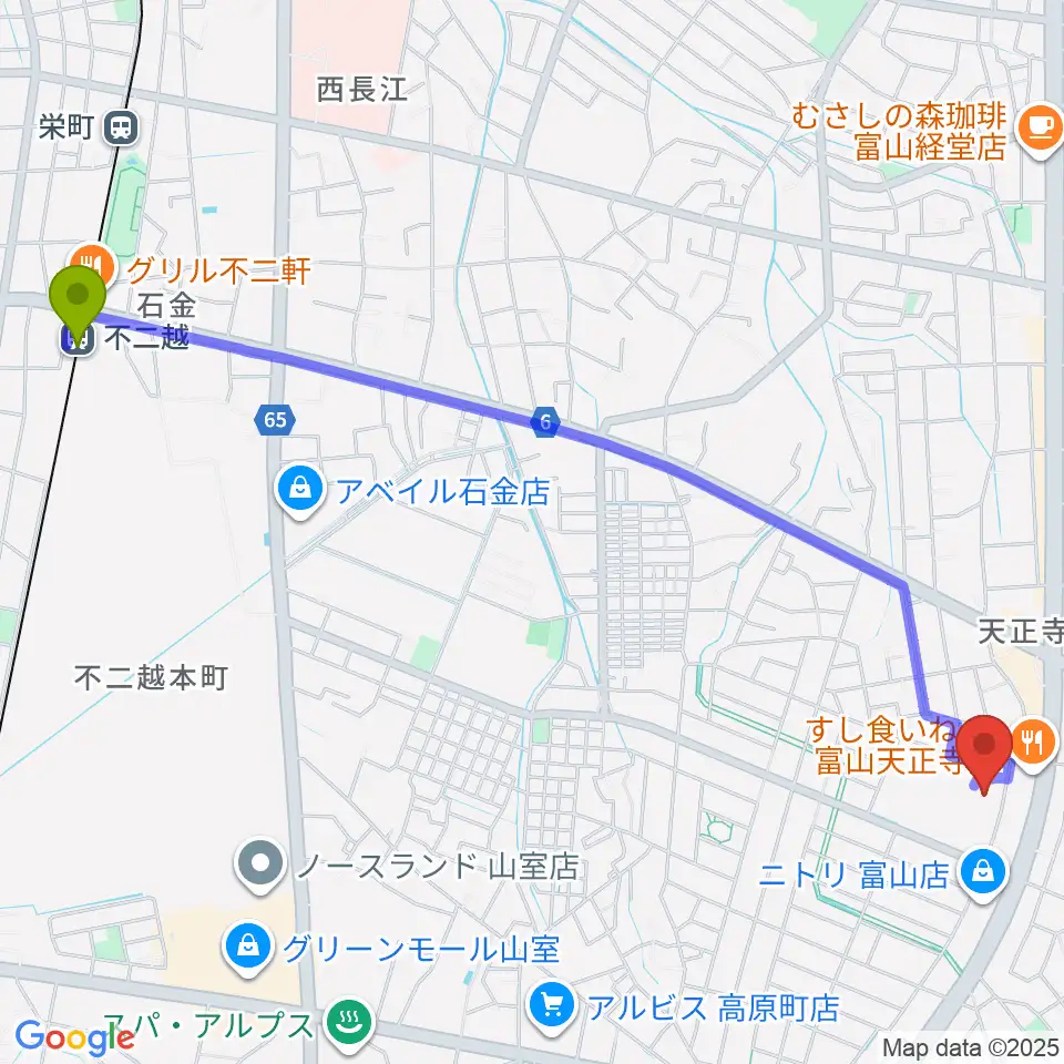 富山市2000年体育館の最寄駅不二越駅からの徒歩ルート（約29分）地図