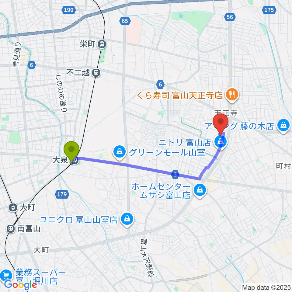 大泉駅から富山市2000年体育館へのルートマップ地図