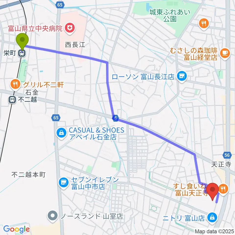 栄町駅から富山市2000年体育館へのルートマップ地図