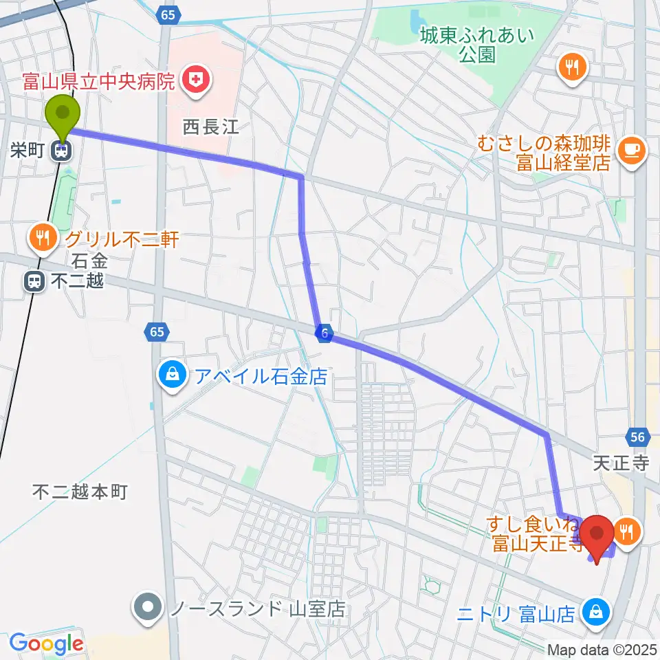 栄町駅から富山市2000年体育館へのルートマップ地図