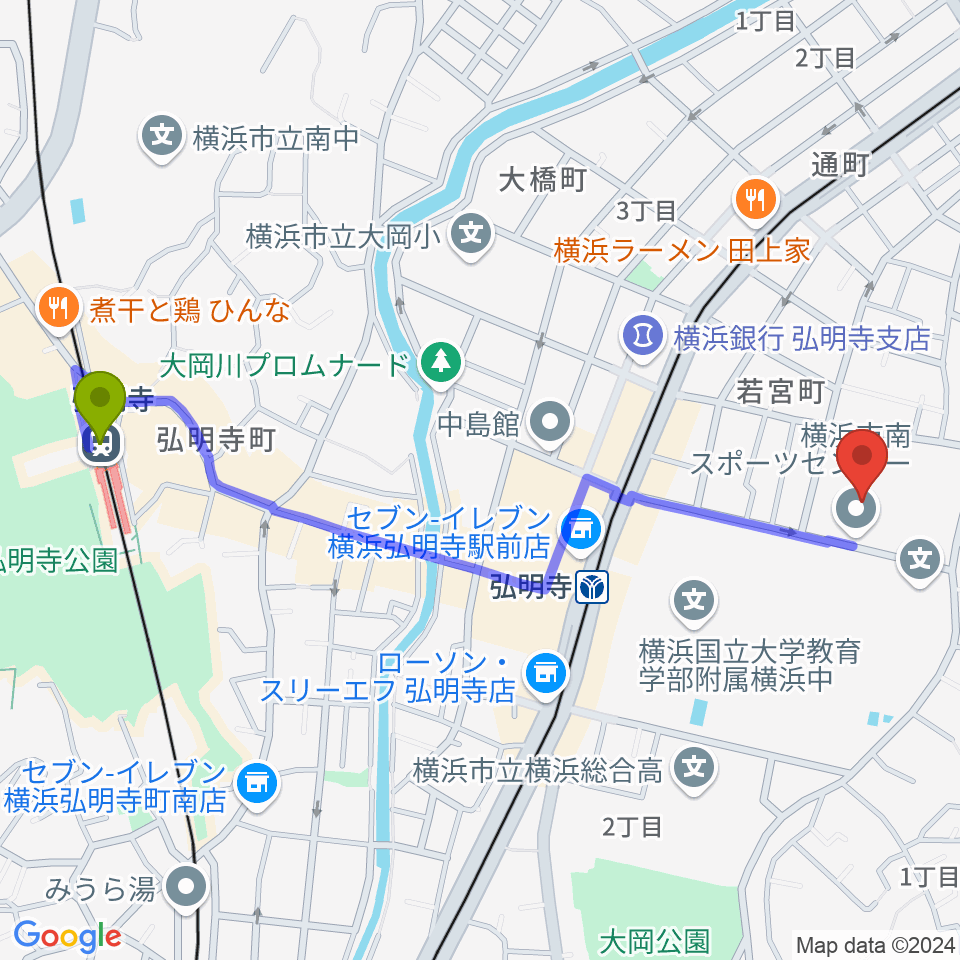 弘明寺駅から横浜市南スポーツセンターへのルートマップ地図