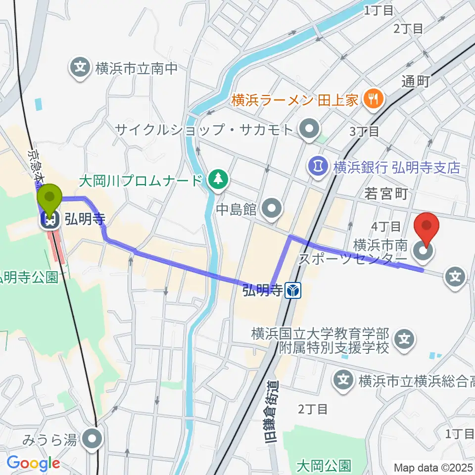 弘明寺駅から横浜市南スポーツセンターへのルートマップ地図