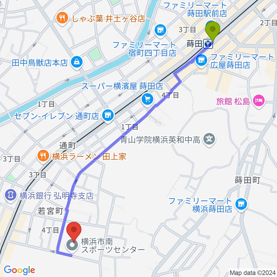 蒔田駅から横浜市南スポーツセンターへのルートマップ地図