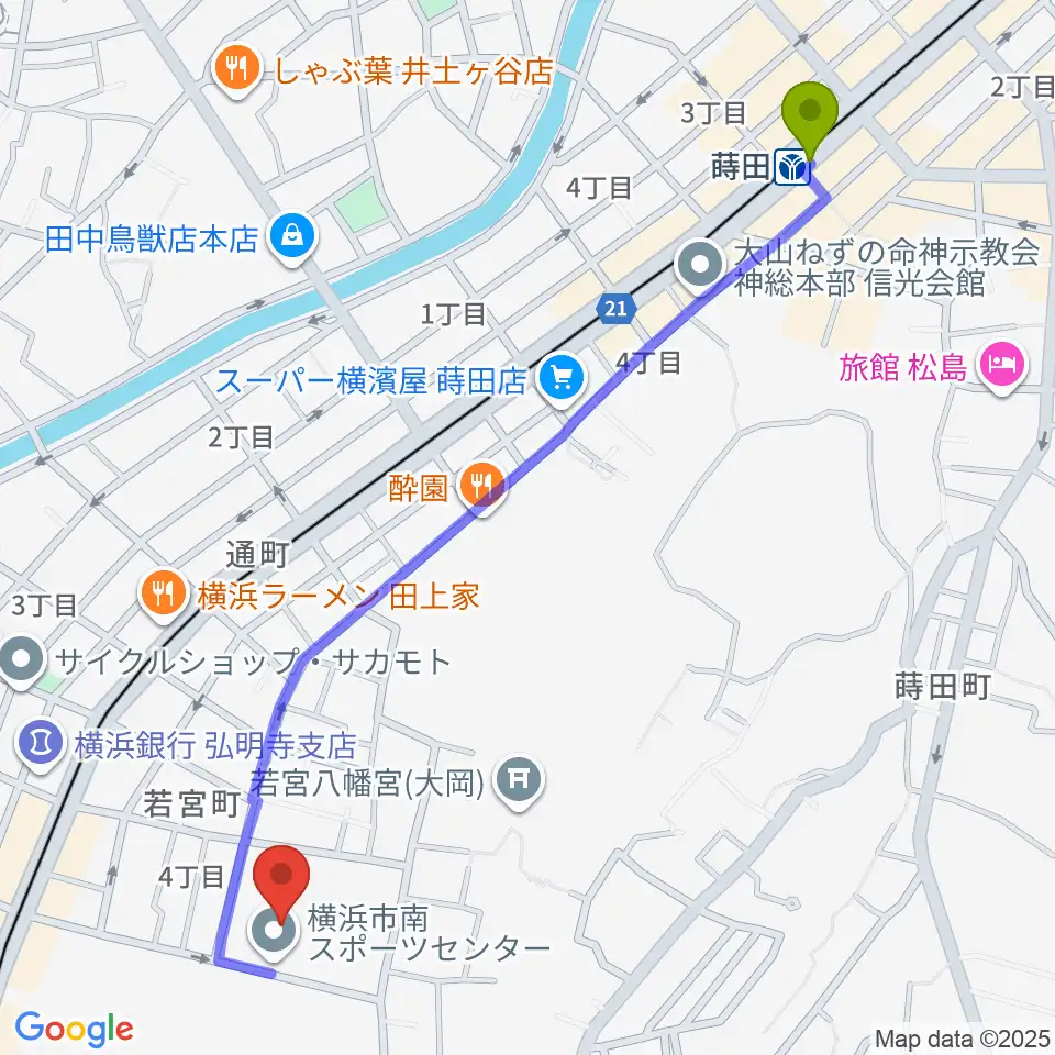 蒔田駅から横浜市南スポーツセンターへのルートマップ地図