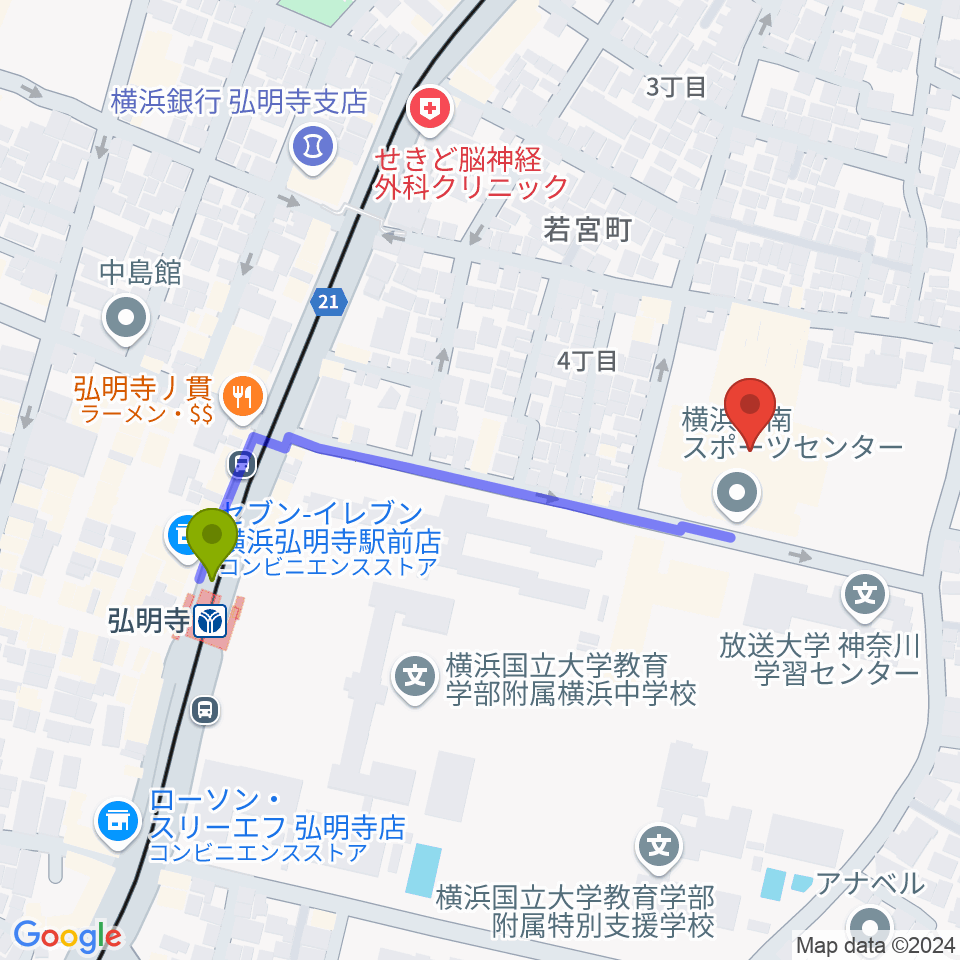 横浜市南スポーツセンターの最寄駅弘明寺駅からの徒歩ルート（約4分）地図