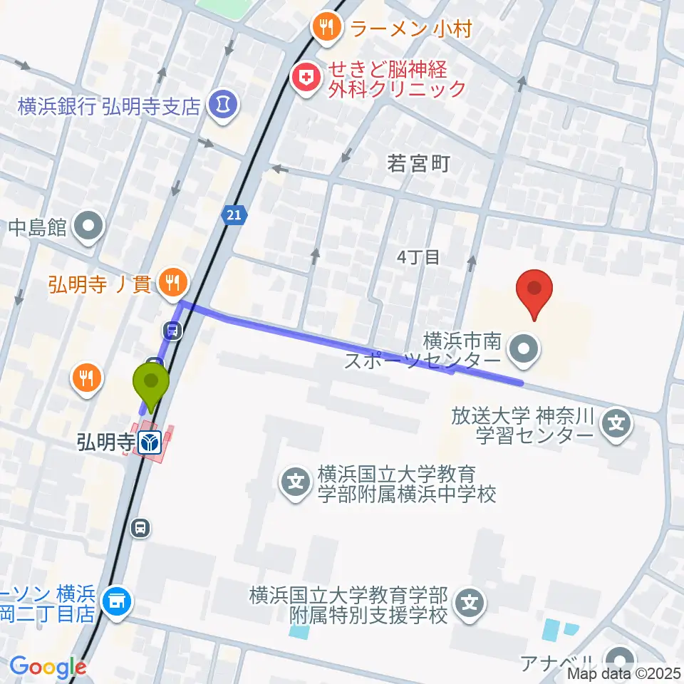 横浜市南スポーツセンターの最寄駅弘明寺駅からの徒歩ルート（約4分）地図
