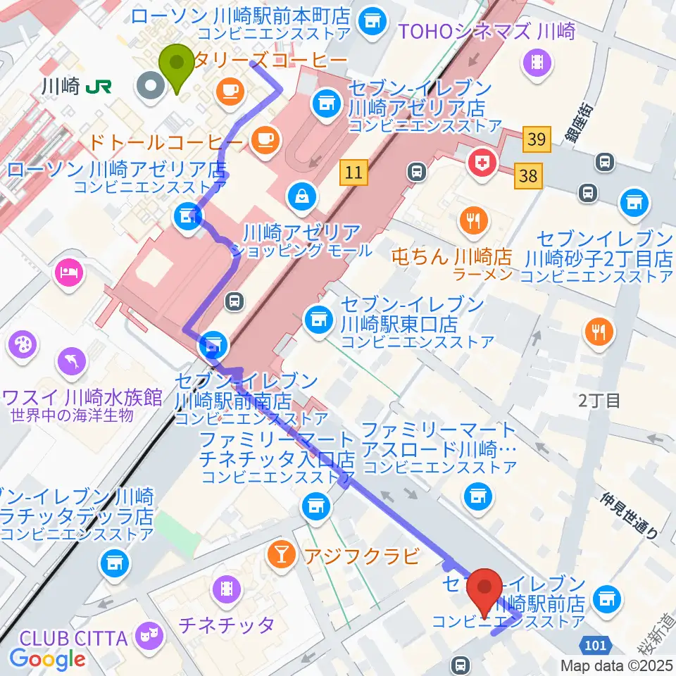 サウンドスタジオ八泉の最寄駅川崎駅からの徒歩ルート（約7分）地図