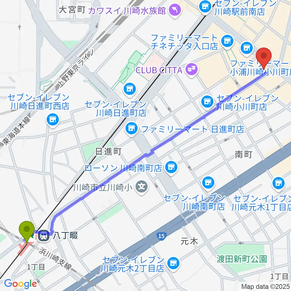 八丁畷駅からサウンドスタジオ八泉へのルートマップ地図