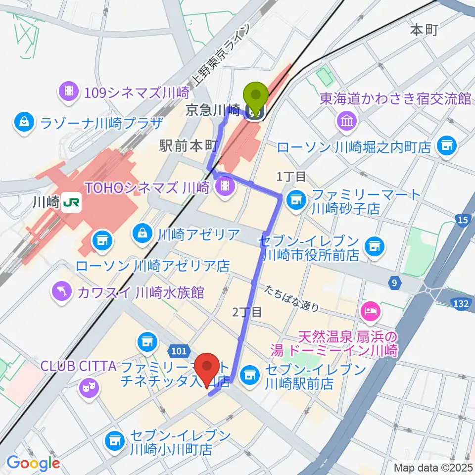 京急川崎駅からサウンドスタジオ八泉へのルートマップ地図