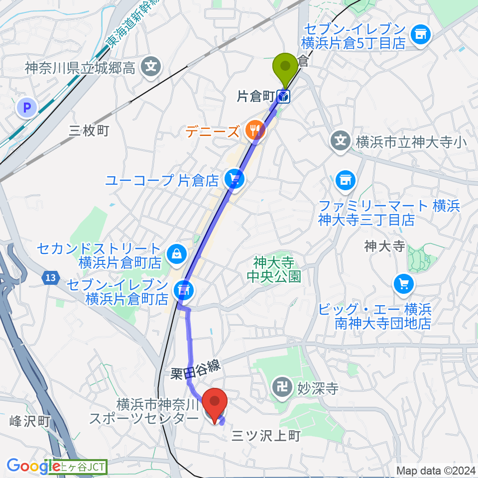 片倉町駅から横浜市神奈川スポーツセンターへのルートマップ地図