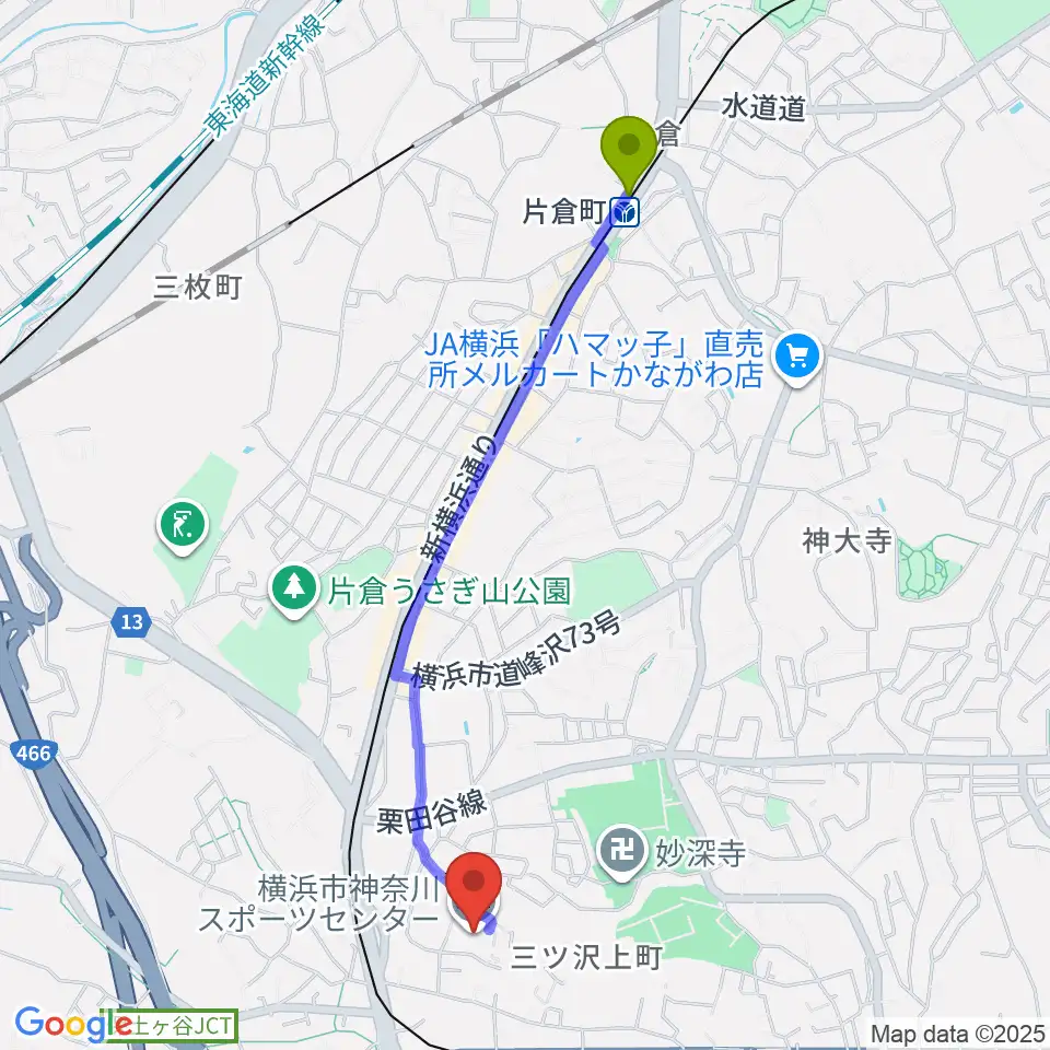 片倉町駅から横浜市神奈川スポーツセンターへのルートマップ地図
